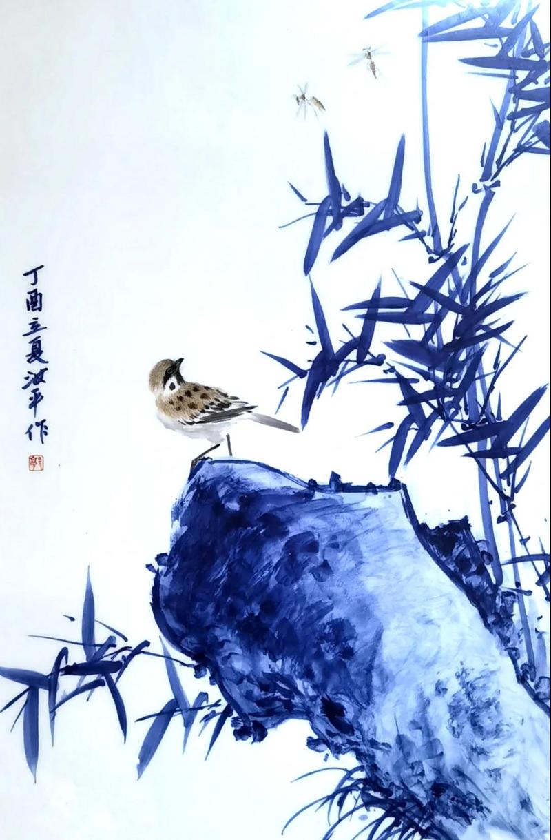 瓷板画青花斗彩《竹雀图》郭汝平.jpg