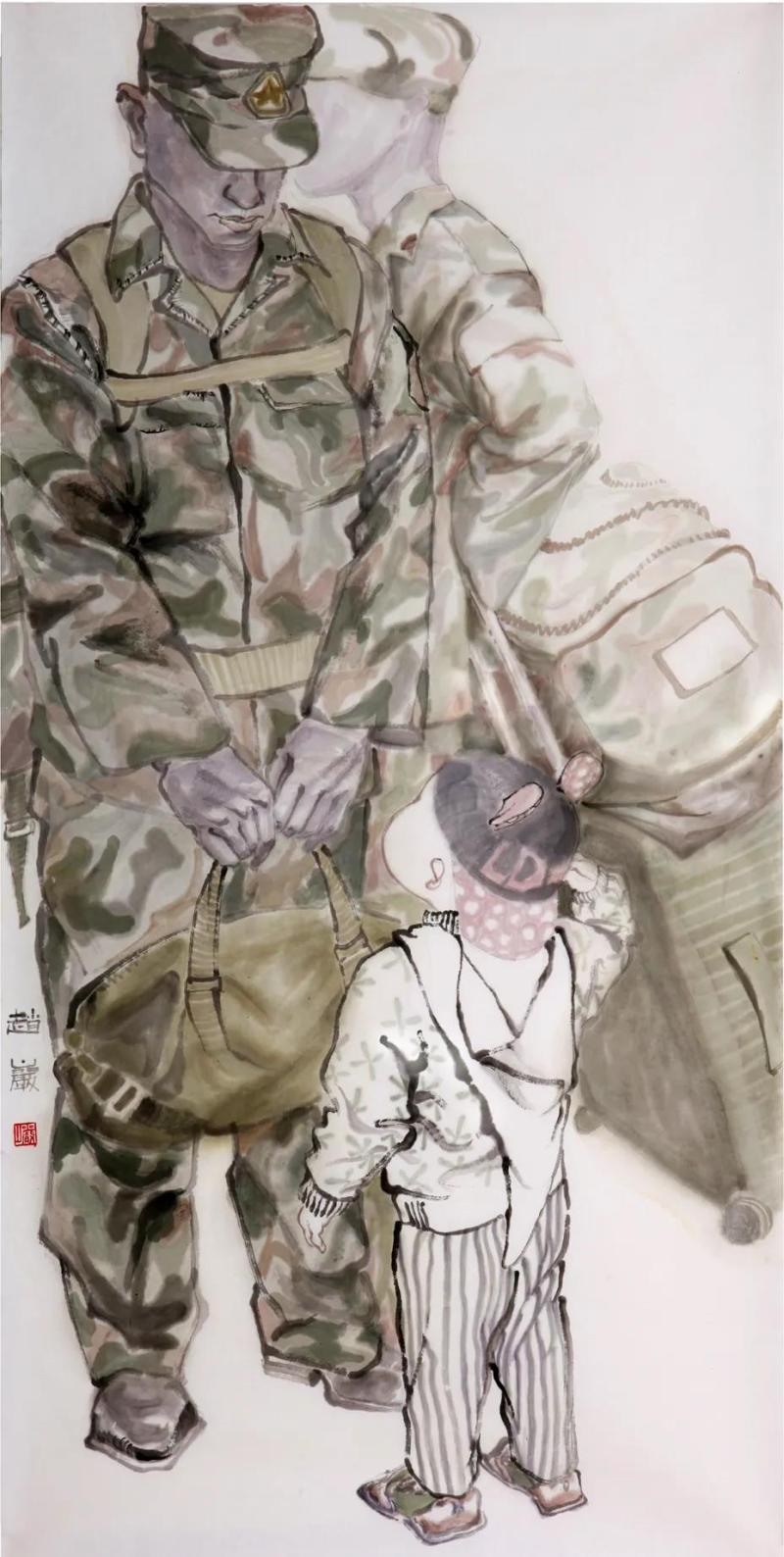 《我送爸爸去军营》（国画）赵岩.jpg